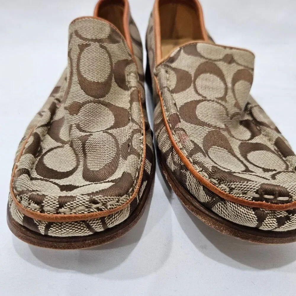 Coach Signature Vala Monogram Loafers Womens 7 Brown Leather Trim Made in Italy